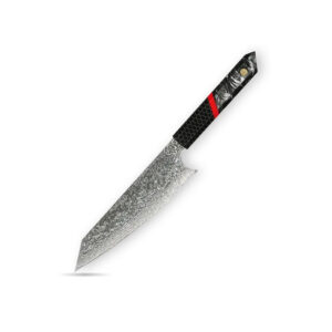 Cuchillo Chef de Lujo Yusenzu con hoja de acero damasco real y mango de aluminio negro, diseño elegante y corte preciso para chefs profesionales.