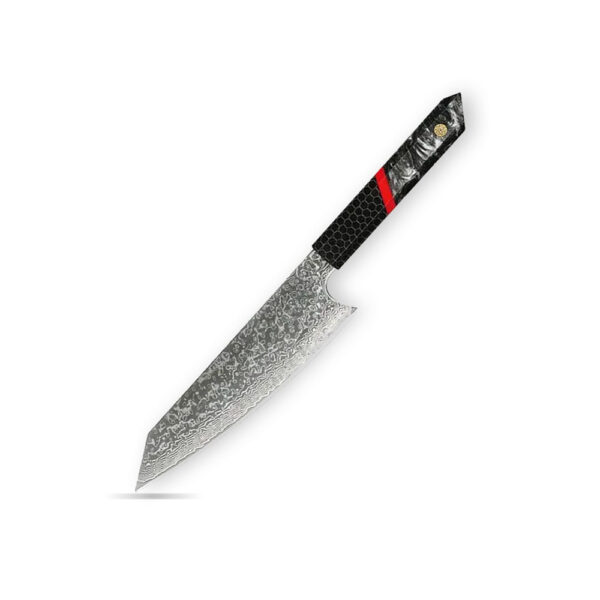 Cuchillo Chef de Lujo Yusenzu con hoja de acero damasco real y mango de aluminio negro, diseño elegante y corte preciso para chefs profesionales.