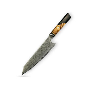 cuchillo acero damasco mango de resina y madera estabilizada