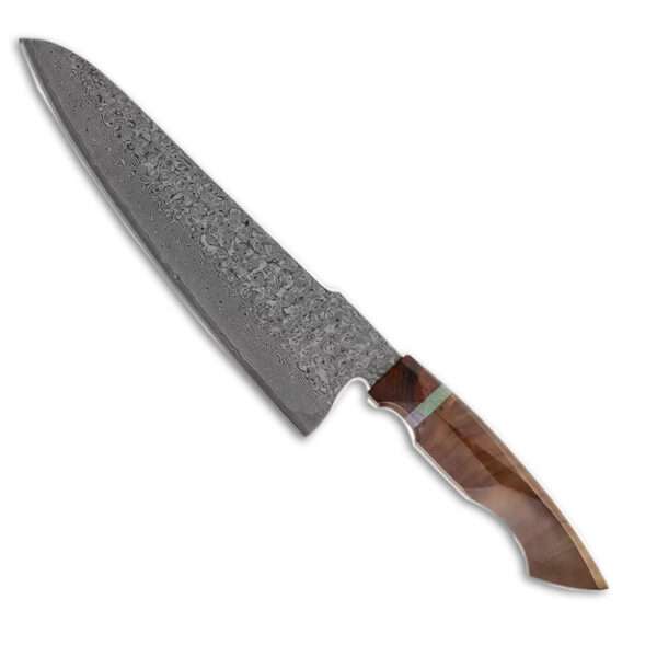 Cuchillo de Chef de Damasco de Lujo con hoja martillada de 8 pulgadas y mango ergonómico de madera de sicómoro.