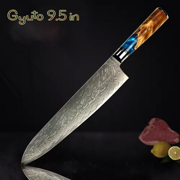 Cuchillo Gyuto Yusenzu de 10 pulgadas con hoja de acero Damasco VG10 de 67 capas y mango combinado de resina y madera, ideal para cortes precisos y profesionales.