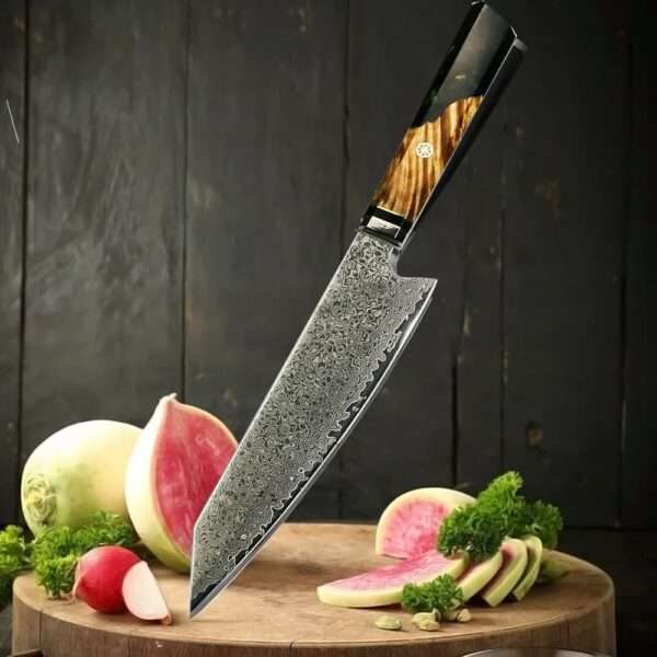 Cuchillo Kiritsuke de Damasco Yusenzu con mango de madera clara